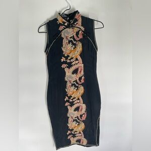 Avanti  100% Silk Black Dress with Gold and Pink Dragon Embroidery